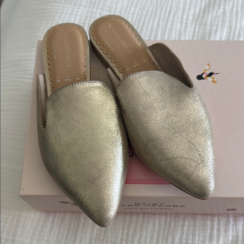 Accessorize London Gold Leather Mule Flats BRAND NEW